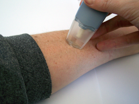 This is a picture titled Other places to test your blood sugar. Legend: This photo shows how you can test your blood sugar in places other than your fingertips. You might need to gently massage the skin to get a large enough drop of blood. Do not use other places if you think your blood sugar is low.