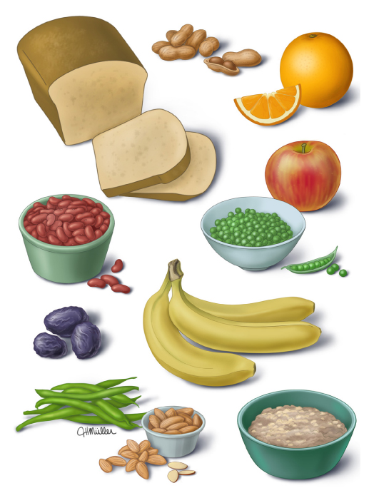 This is a figure titled Foods with fiber. Legend: Foods with a lot of fiber include prunes, apples, oranges, bananas, peas, green beans, kidney beans, cooked oatmeal, almonds, peanuts, and whole-wheat bread.