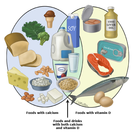This is a figure titled Foods and drinks with calcium and vitamin D. Legend: Some foods and drinks are rich in both calcium and vitamin D. These usually have calcium or vitamin D added. Examples include milk, yogurt, ready-to-eat cereals, and plant-based "milks" (such as soy and almond milk). Foods that are only rich in calcium include ice cream, breads, kale, broccoli, cheese, cottage cheese, almonds, beans, and tofu. These have less calcium per serving than the foods above that have both calcium and vitamin D. Foods that are only rich in vitamin D include many types of fish (such as tuna fish, salmon, sardines, and mackerel), cod liver oil, and eggs.