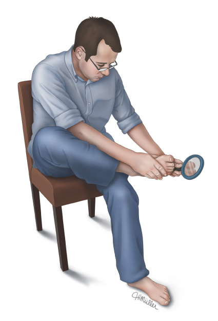 A person checking the bottom of their foot with a hand mirror.