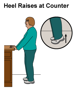 This is an image of a woman standing at a counter, holding on with both hands.  There is a callout showing her raising her heels off of the floor so her weight is on her toes. 