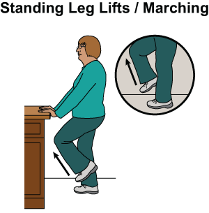 This is an image of a woman standing at a counter, holding on with both hands.  She isl ifting her left foot up and standing on her right foot.  In the callout, she is standing on her left foot and lifting her right foot.  It looks as if she is marching in place. 