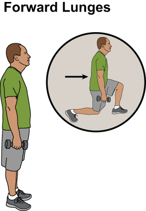 These are 2 images of a man, arms at his sides, holding weights in his hands.  In the first image he is standing up straight and in the second image he has taken a large step forward with his left foot.  His right knee is almost touching the floor as he lunges forward.