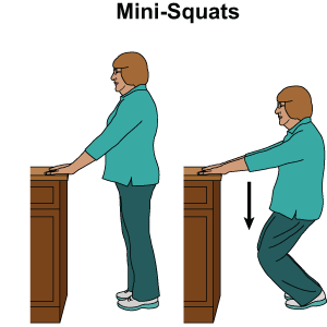 These are 2 images of a woman standing up straight, hands in front of her, resting on a counter for balance.  In the first image she is just standing up straight and in the second image she bends her knees, back straight, to squat down slightly.