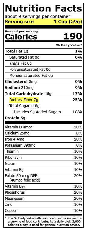 This is a figure titled Nutrition label – Fiber. Legend: This is an example of a nutrition label. To figure out how much fiber is in a food, look for the line that says "Dietary Fiber." It's also important to look at the serving size. This food has 7 grams of fiber in each serving, and each serving is 1 cup.