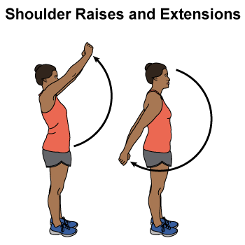 These are 2 images of a woman standing up straight.  In the first image she has raised her straight arms in front of her to above shoulder height.  In the second image she has returned them down to her sides.