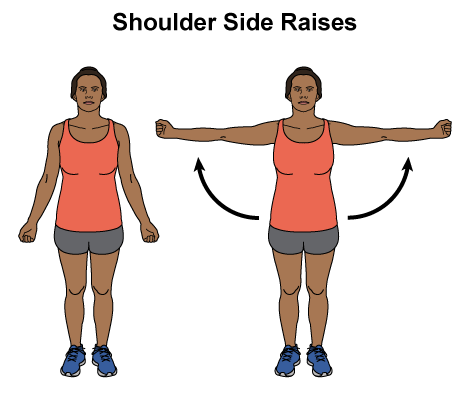 These are 2 images of a woman standing up straight.  In the first image her arms are at her sides with her palms facing forward.  In the second image she has raised her arms out to the side to shoulder height.